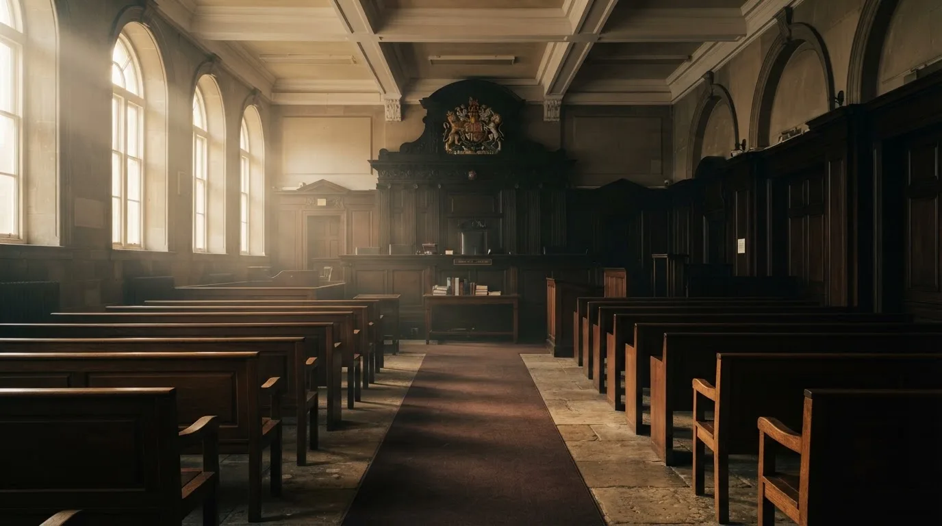An empty courtroom with wooden benches in morning light