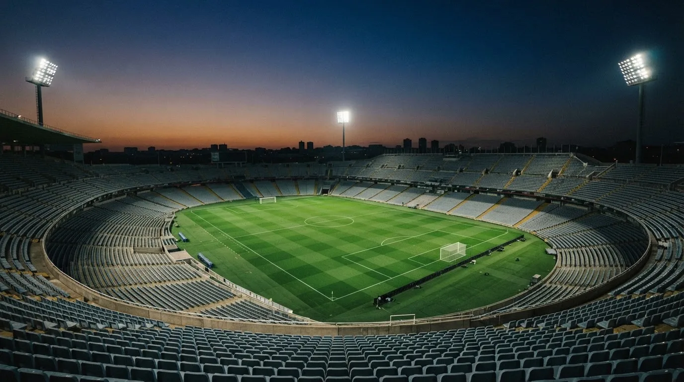An empty football stadium with floodlight masts at dusk