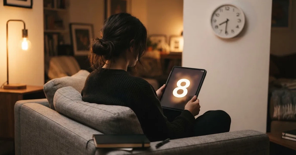 A person on a sofa looking thoughtfully at a tablet, a wall clock in the background