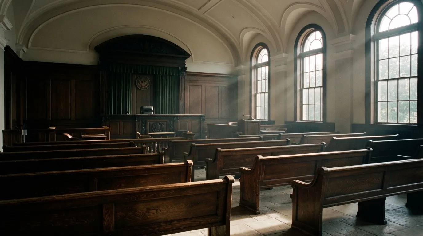 An empty courtroom with wooden benches in morning light