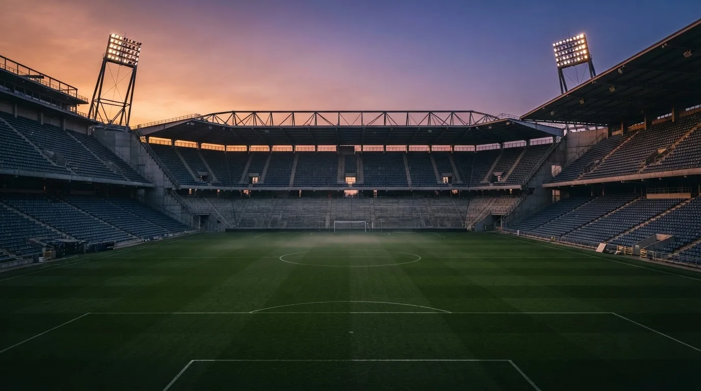 An empty football stadium with floodlight masts at dusk