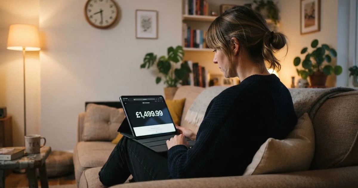 A person on a sofa looking thoughtfully at a tablet, a wall clock in the background