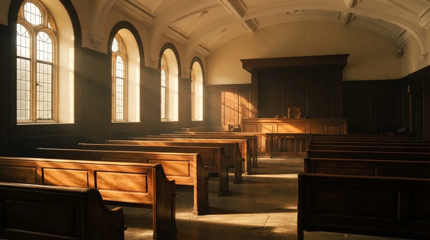 An empty courtroom with wooden benches in morning light