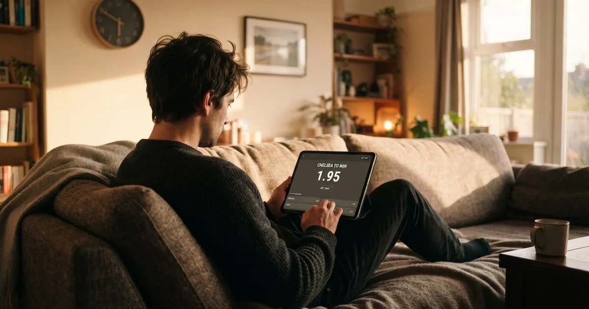 A person on a sofa looking thoughtfully at a tablet, a wall clock in the background