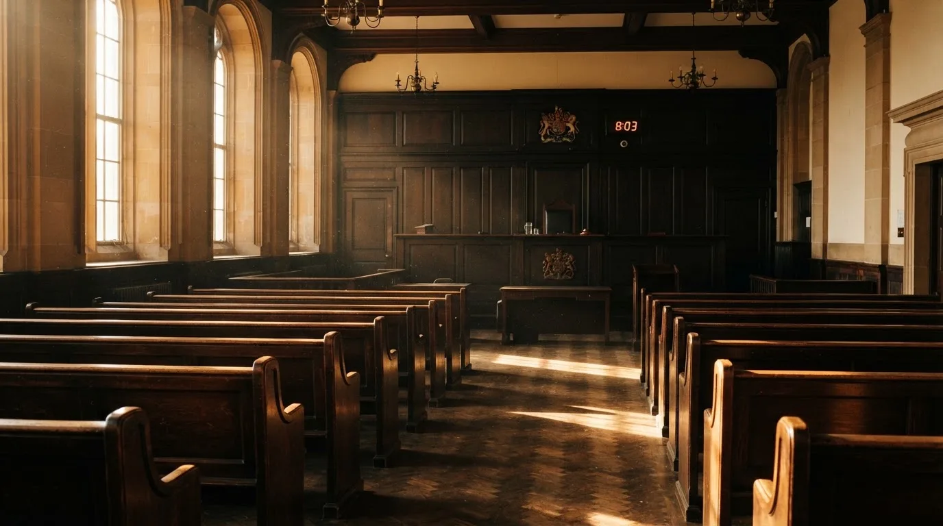 An empty courtroom with wooden benches in morning light