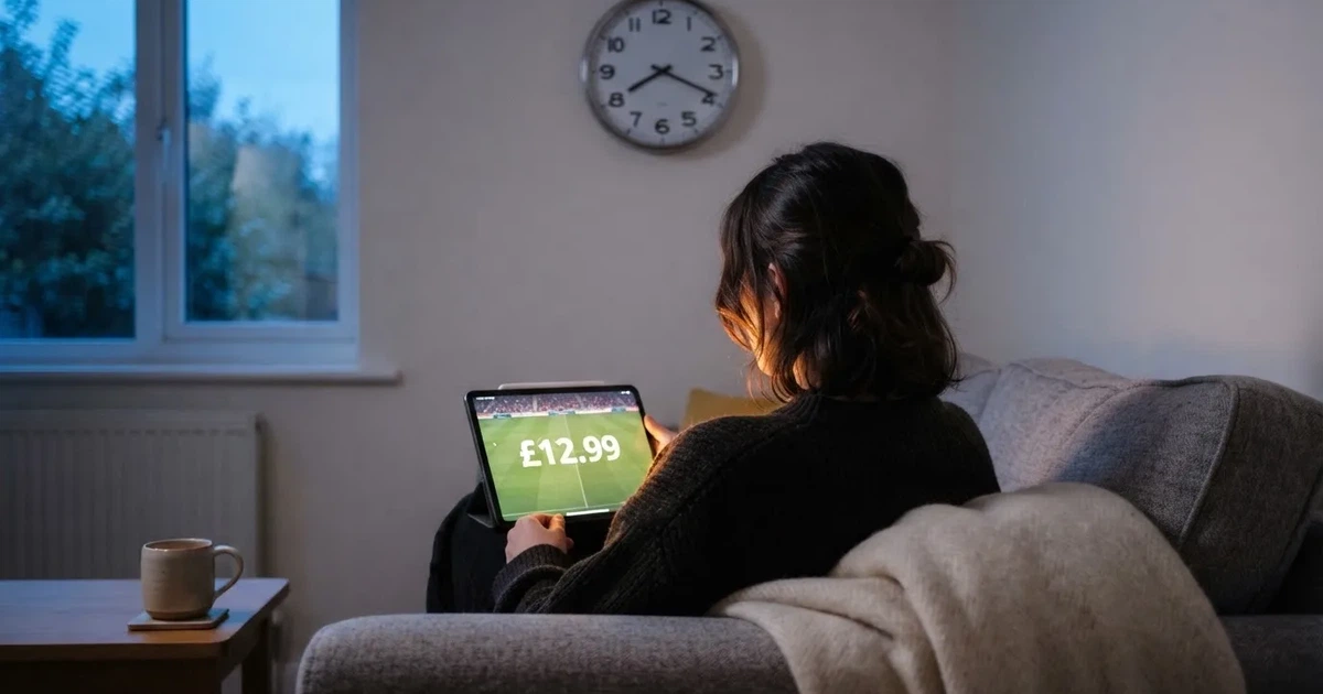 A person on a sofa looking thoughtfully at a tablet, a wall clock in the background