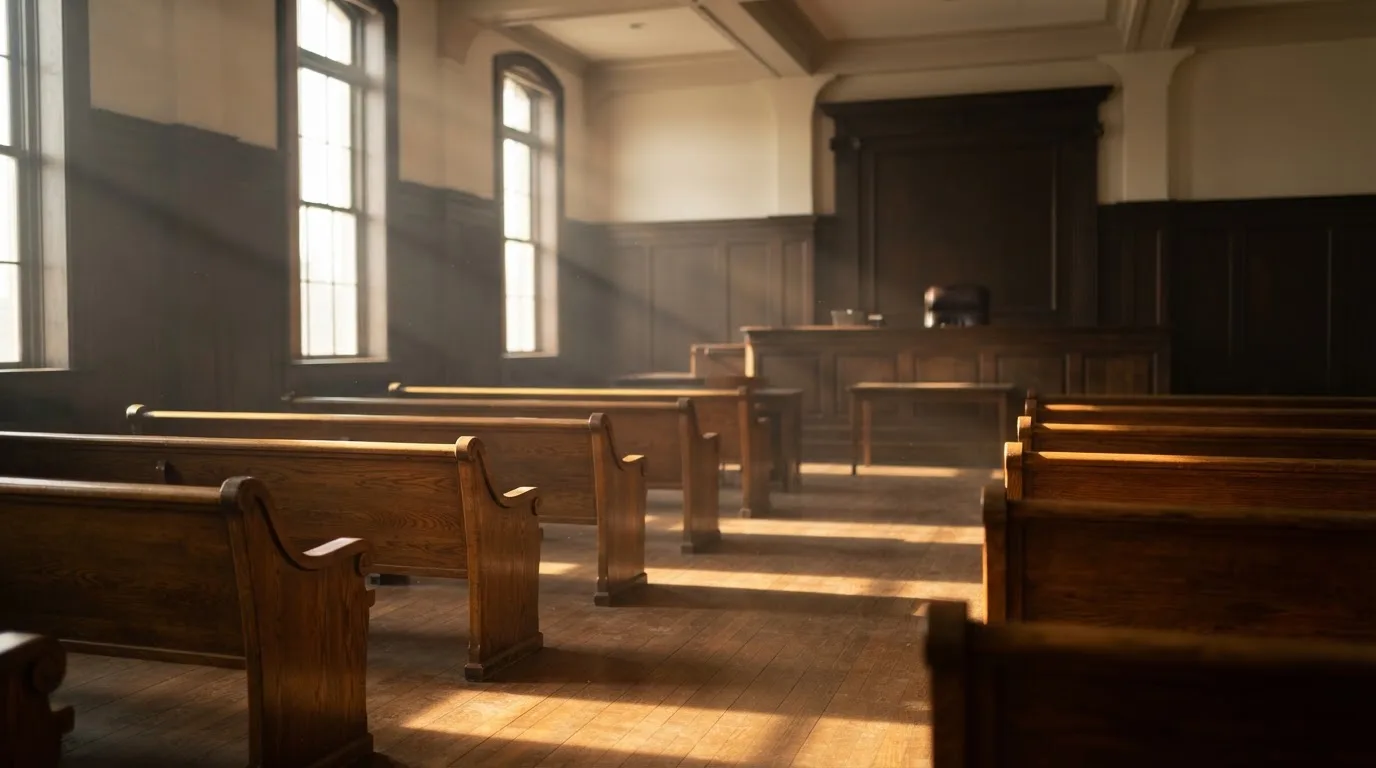 An empty courtroom with wooden benches in morning light