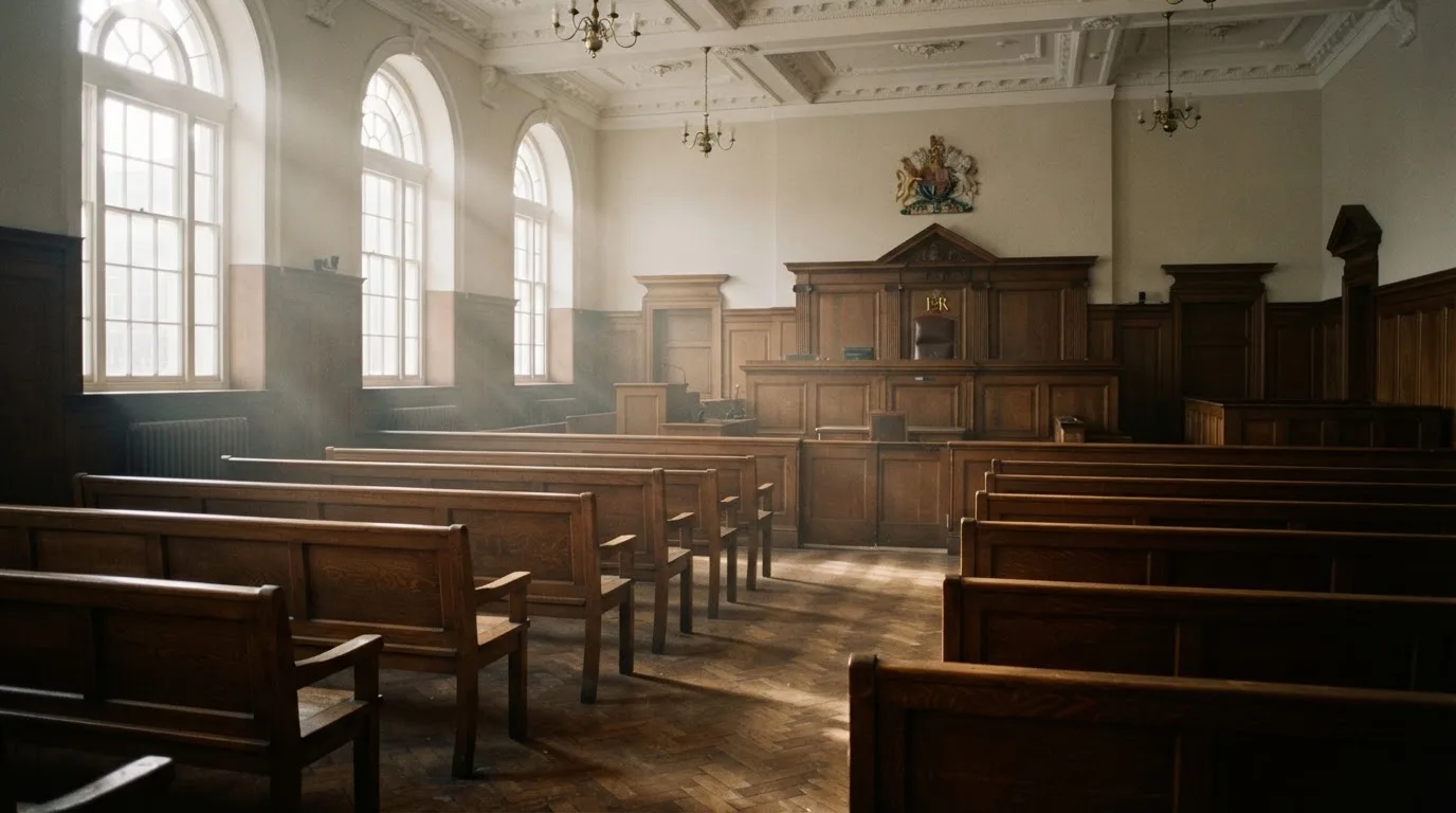 An empty courtroom with wooden benches in morning light