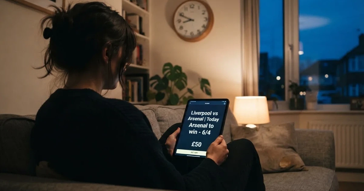 A person on a sofa looking thoughtfully at a tablet, a wall clock in the background