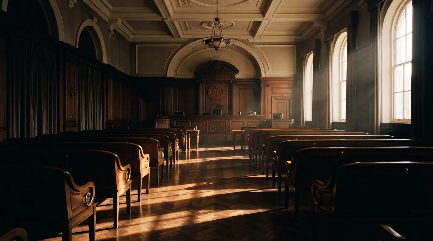 An empty courtroom with wooden benches in morning light