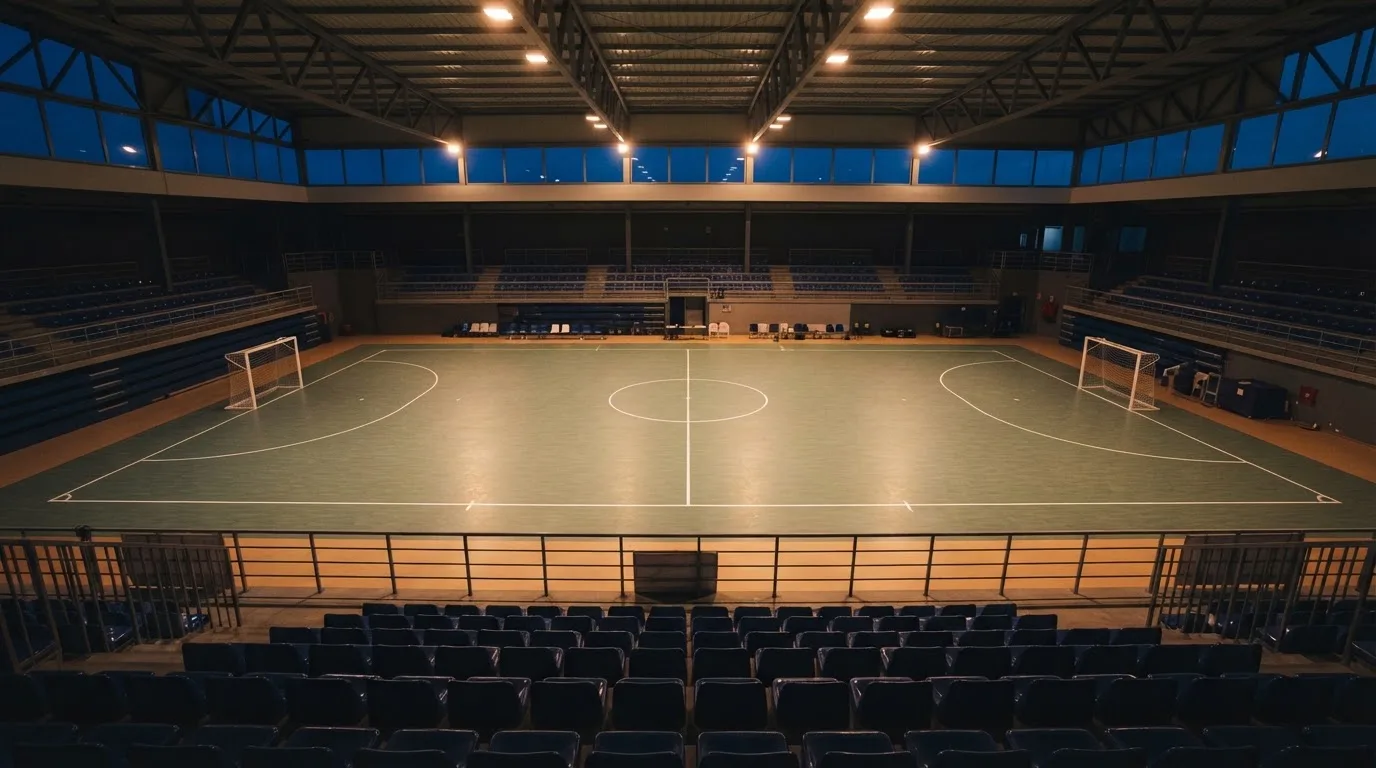 An empty football stadium with floodlight masts at dusk