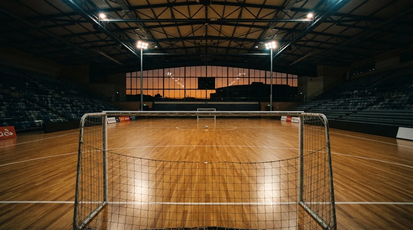 An empty football stadium with floodlight masts at dusk