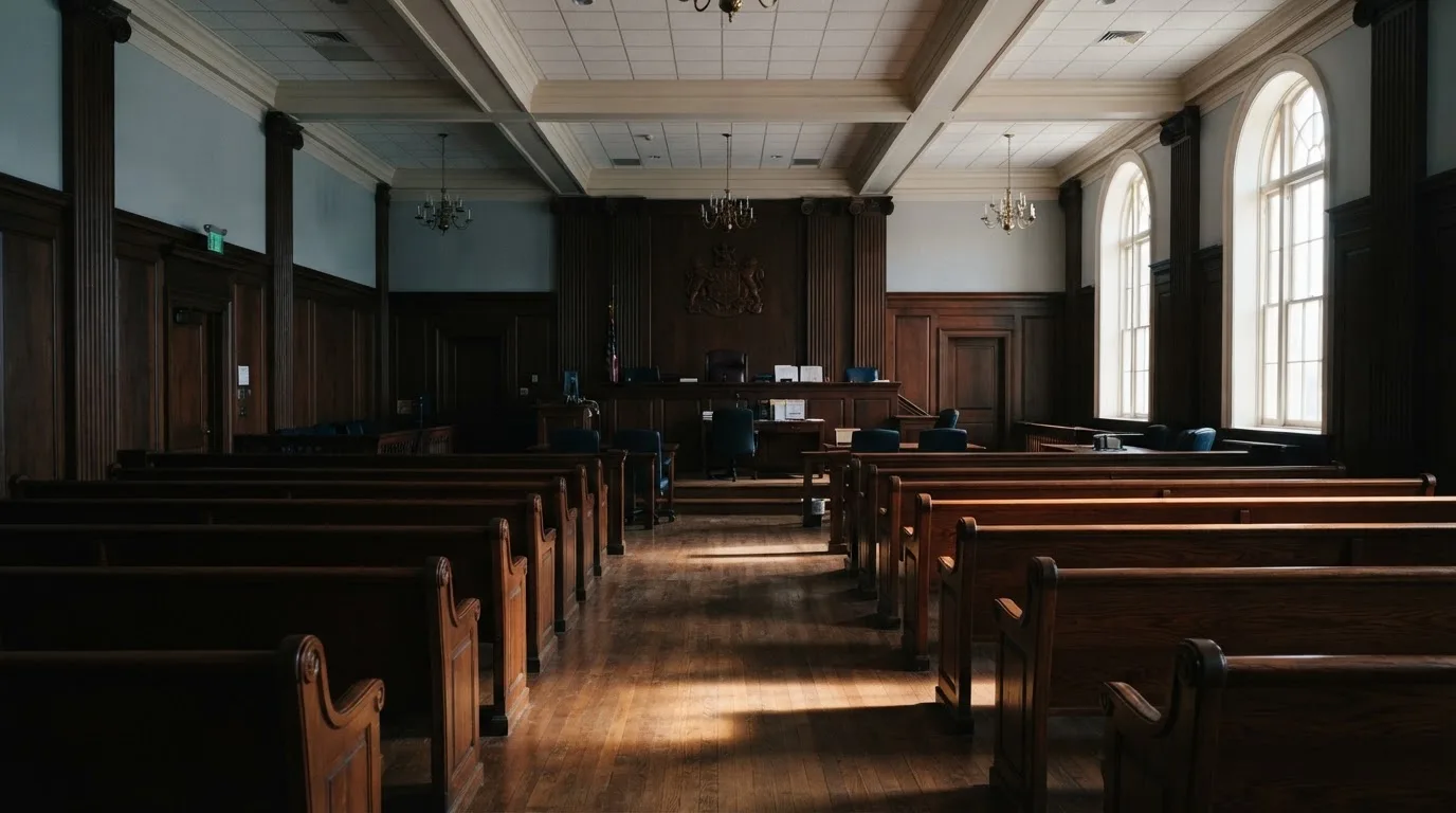 An empty courtroom with wooden benches in morning light