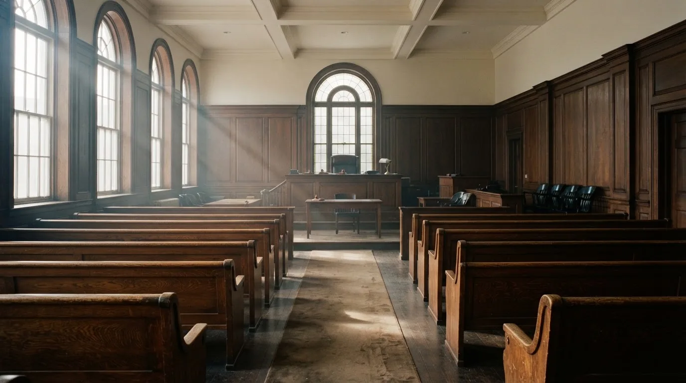 An empty courtroom with wooden benches in morning light