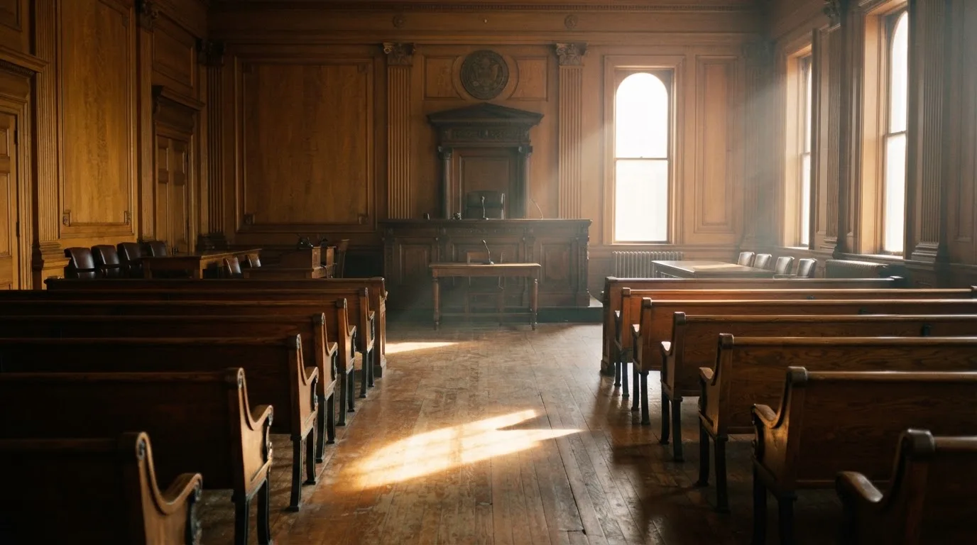 An empty courtroom with wooden benches in morning light
