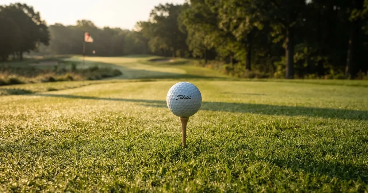 A ball on the centre spot of a grass pitch in morning light