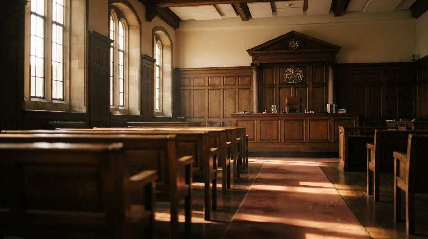 An empty courtroom with wooden benches in morning light