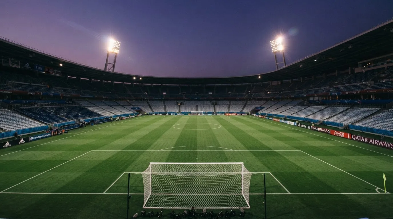 An empty football stadium with floodlight masts at dusk