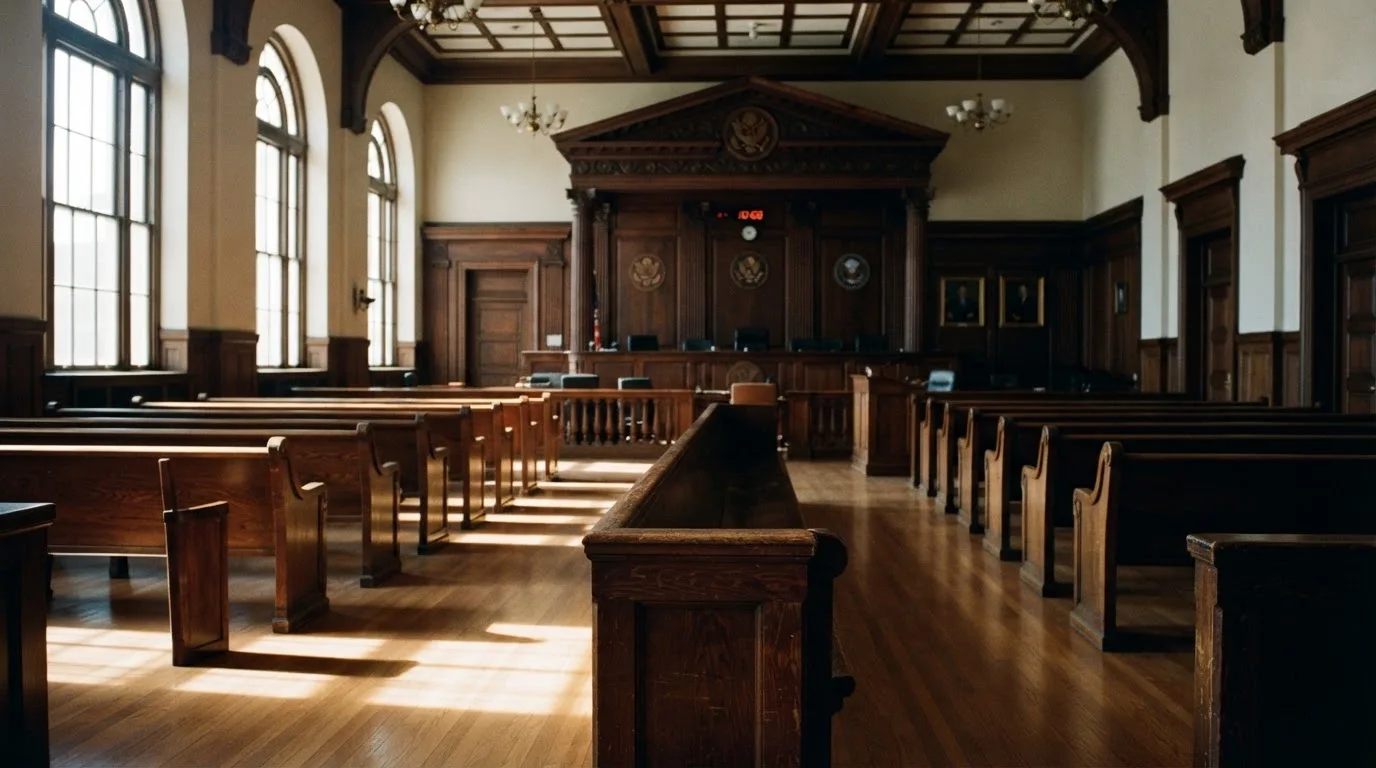 An empty courtroom with wooden benches in morning light