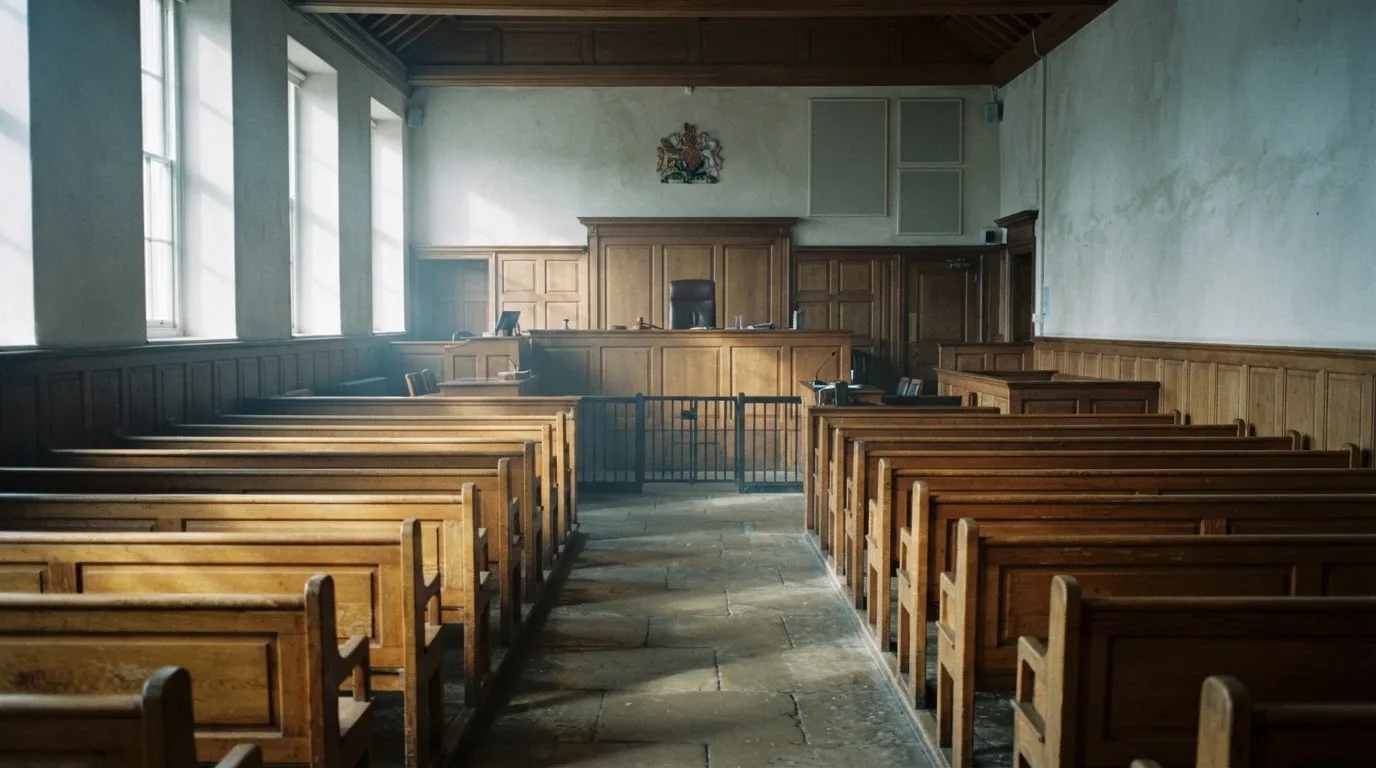 An empty courtroom with wooden benches in morning light