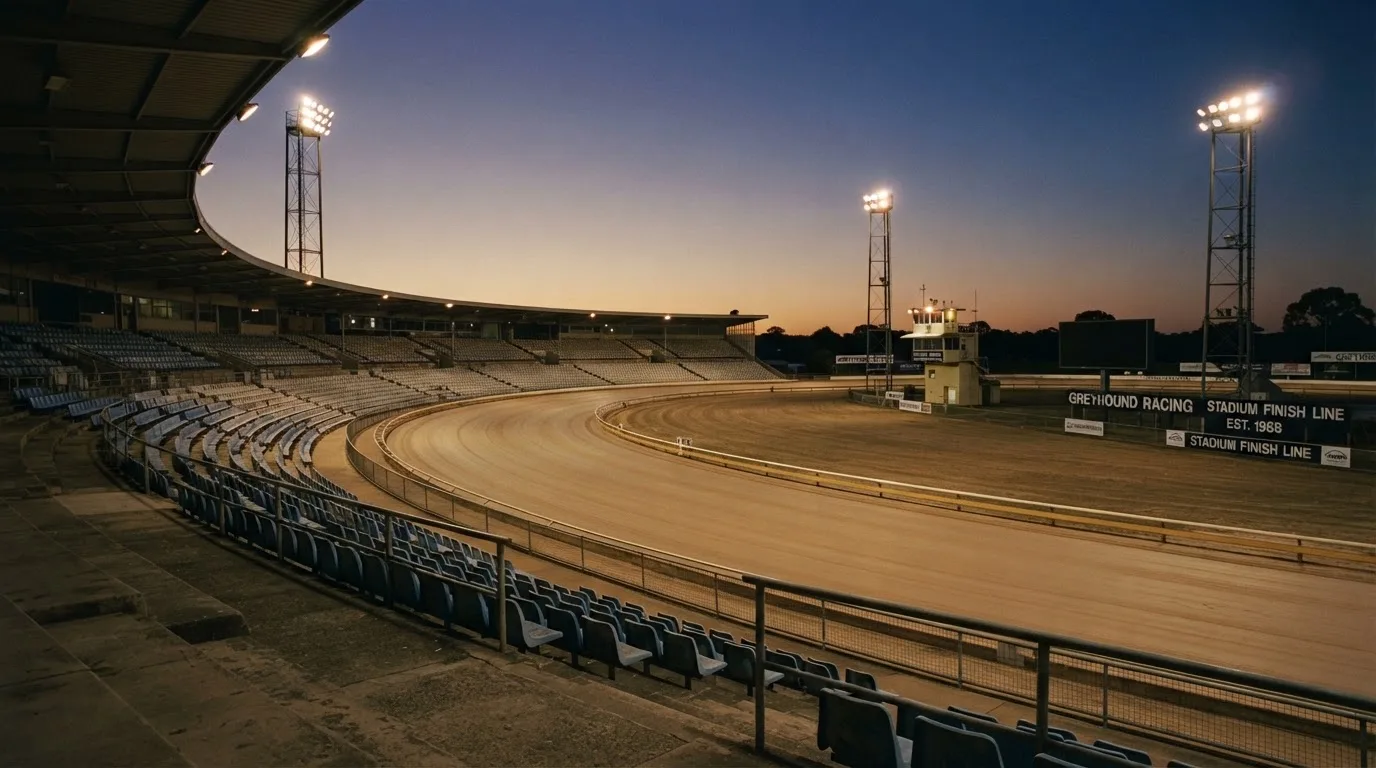 An empty football stadium with floodlight masts at dusk