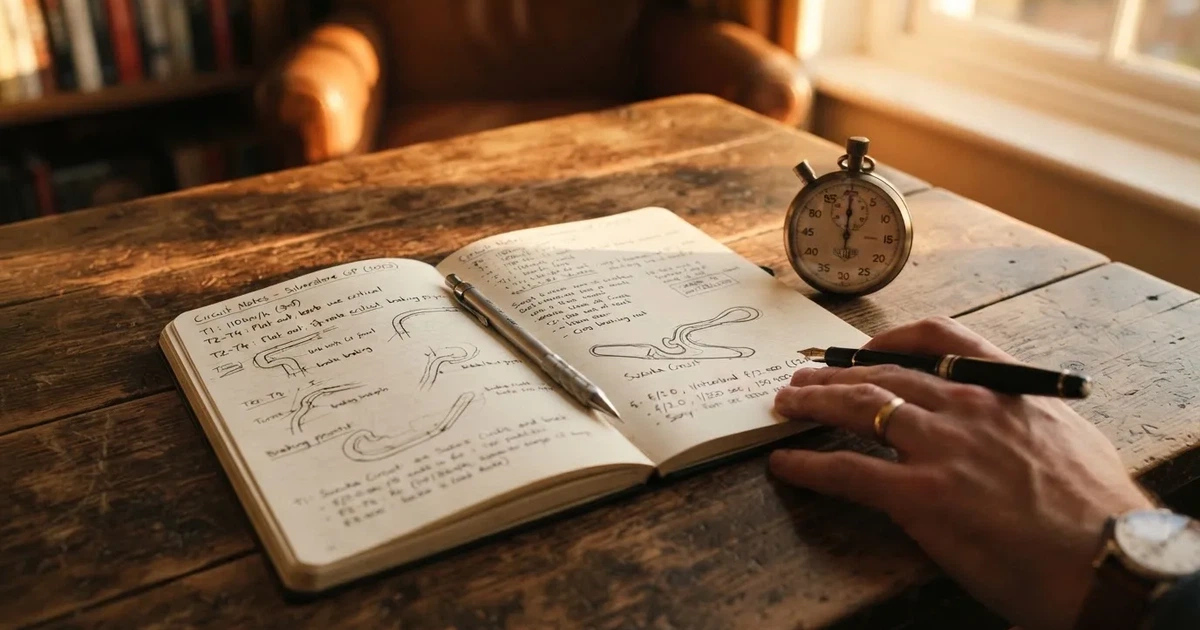 An open notebook with a pencil and a stopwatch on a wooden table