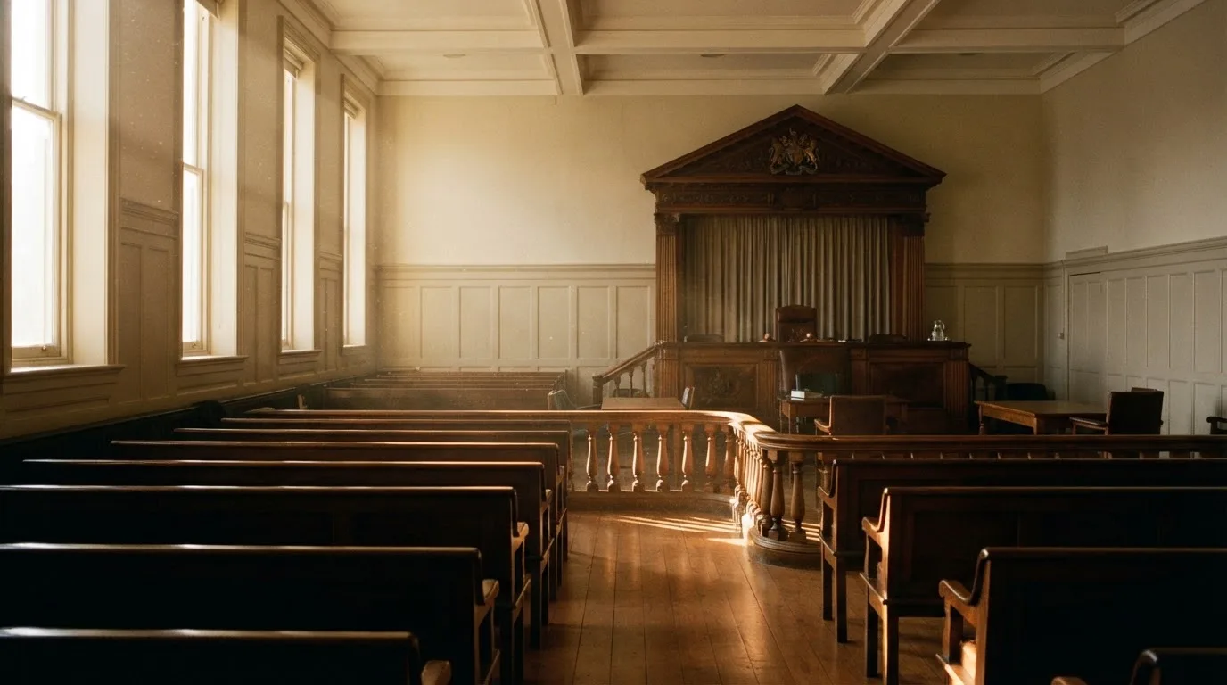 An empty courtroom with wooden benches in morning light