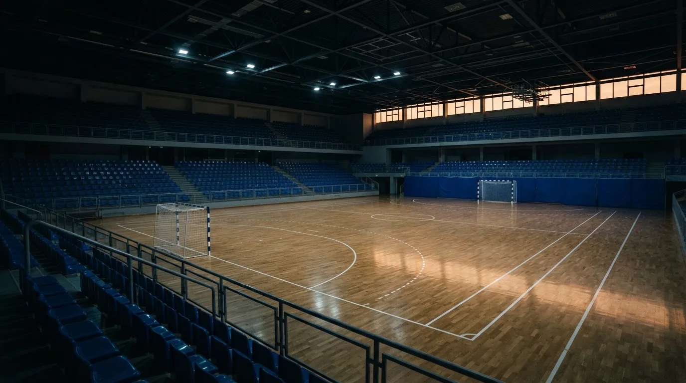 An empty football stadium with floodlight masts at dusk