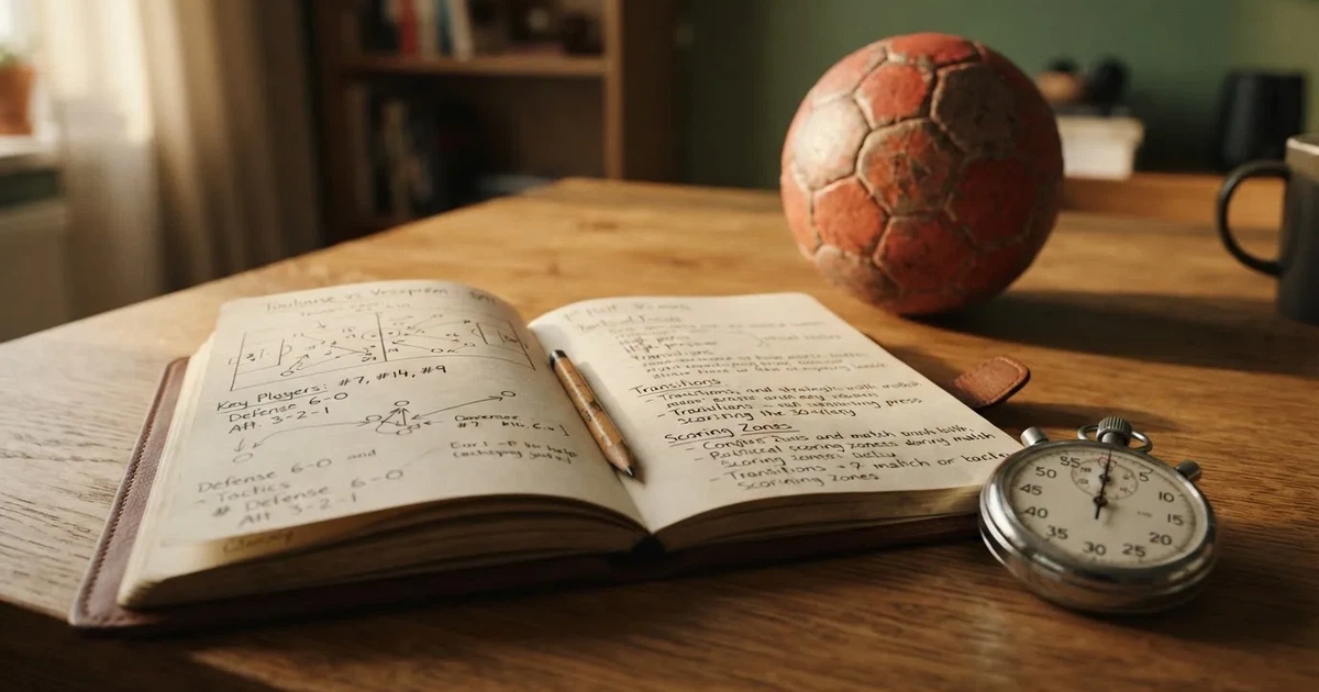 An open notebook with a pencil and a stopwatch on a wooden table