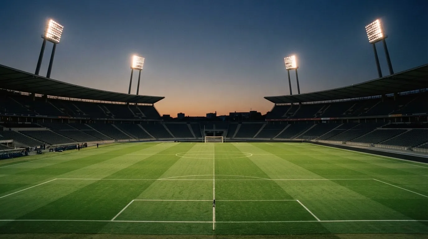 An empty football stadium with floodlight masts at dusk