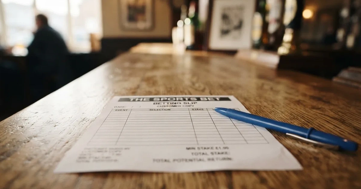 A blank paper betting slip beside a pen on a wooden counter