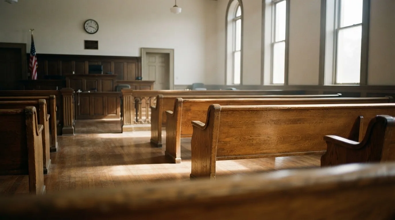 An empty courtroom with wooden benches in morning light