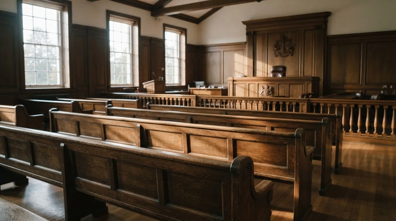 An empty courtroom with wooden benches in morning light