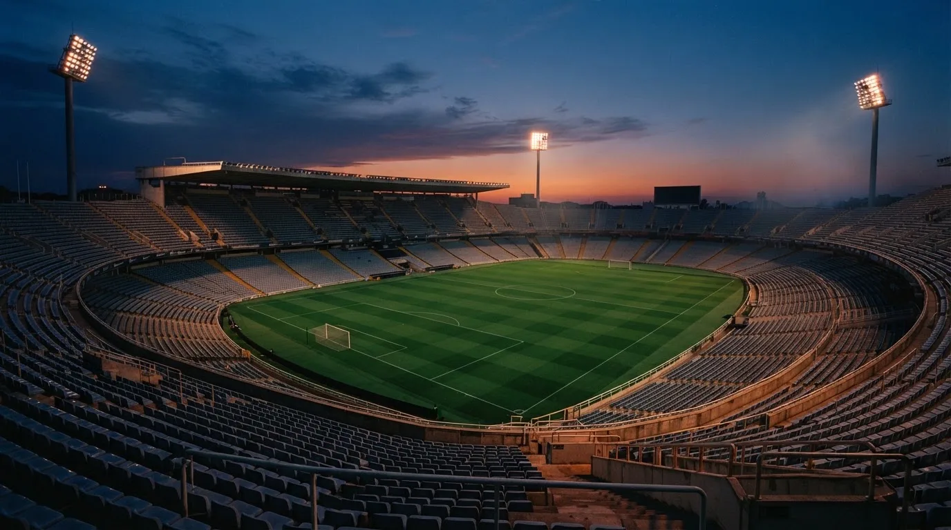 An empty football stadium with floodlight masts at dusk