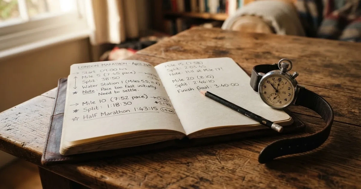 An open notebook with a pencil and a stopwatch on a wooden table