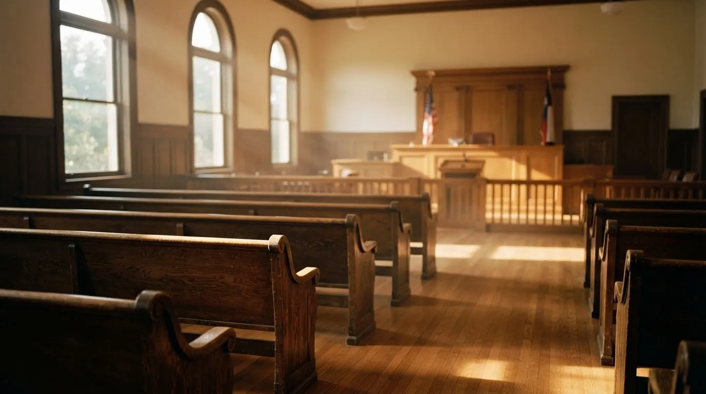 An empty courtroom with wooden benches in morning light