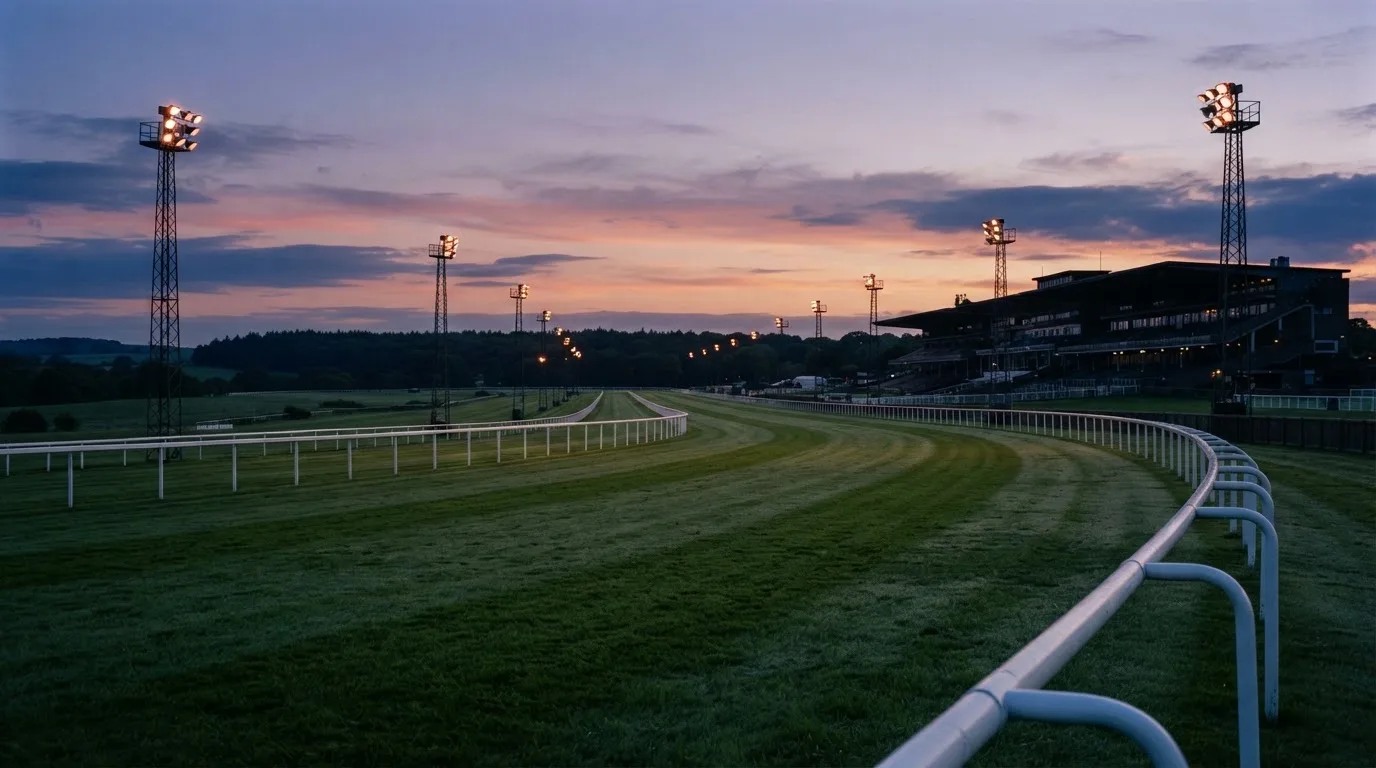 An empty football stadium with floodlight masts at dusk