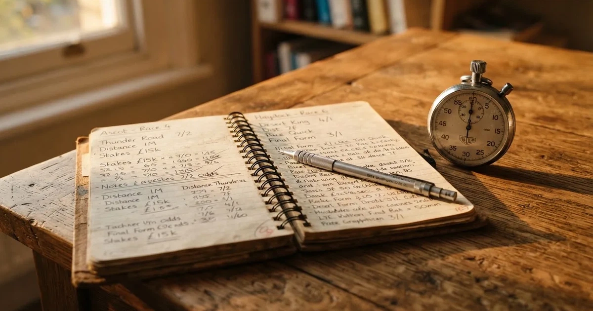 An open notebook with a pencil and a stopwatch on a wooden table