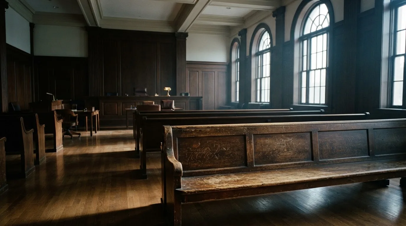 An empty courtroom with wooden benches in morning light