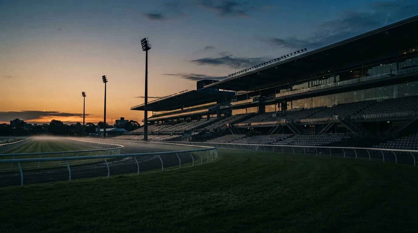 An empty football stadium with floodlight masts at dusk