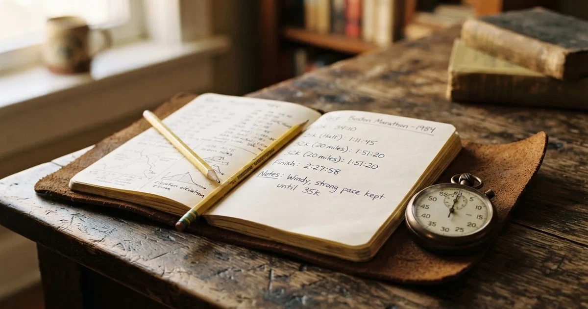 An open notebook with a pencil and a stopwatch on a wooden table