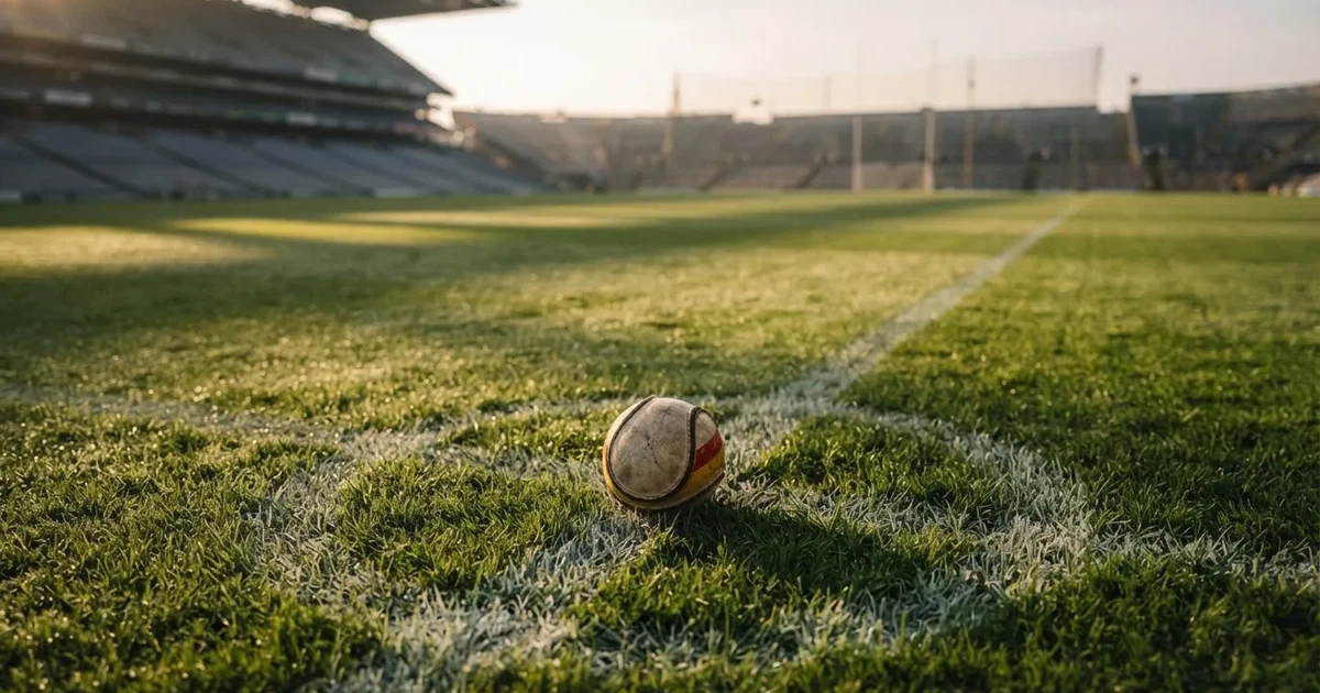 A ball on the centre spot of a grass pitch in morning light