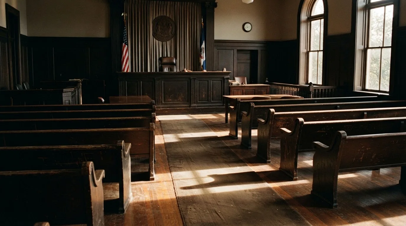 An empty courtroom with wooden benches in morning light