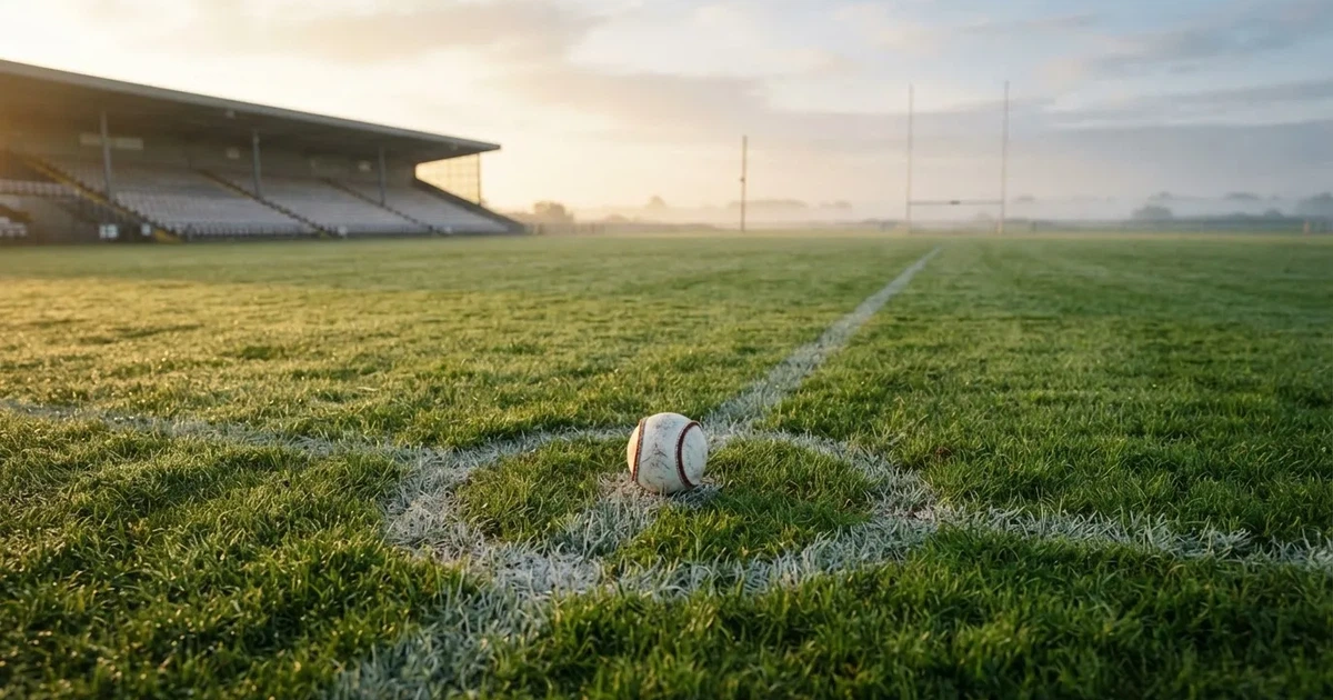 A ball on the centre spot of a grass pitch in morning light