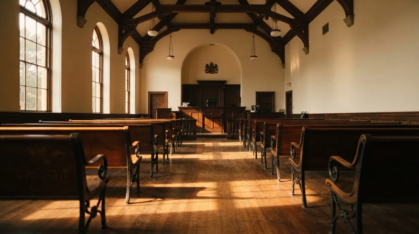 An empty courtroom with wooden benches in morning light