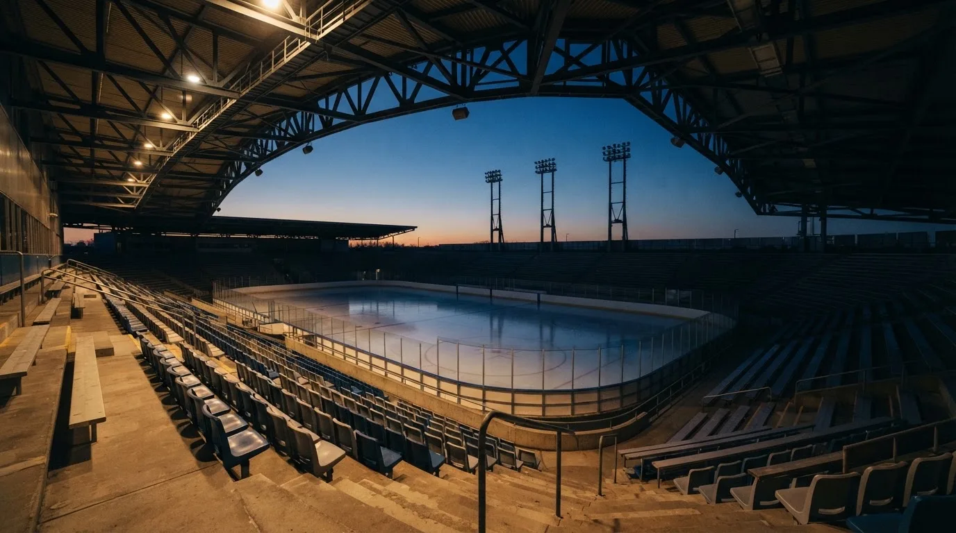 An empty football stadium with floodlight masts at dusk