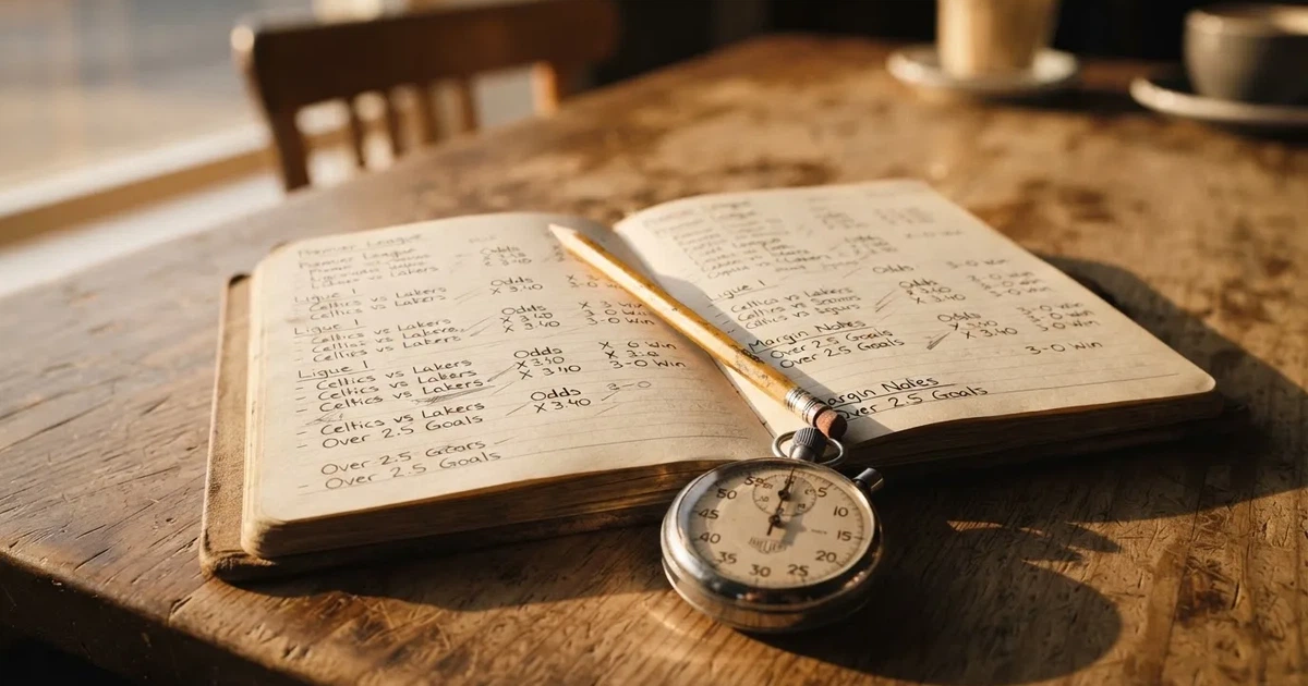 An open notebook with a pencil and a stopwatch on a wooden table