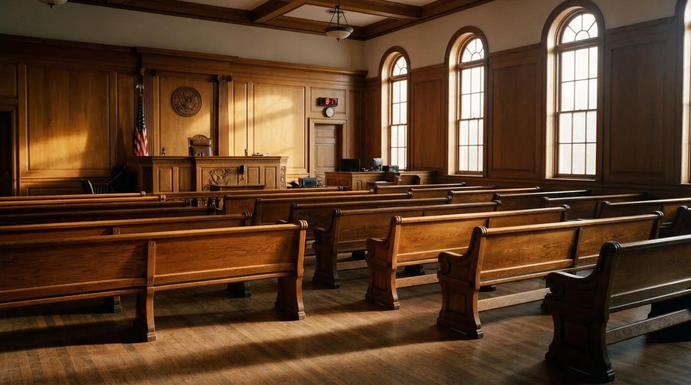 An empty courtroom with wooden benches in morning light