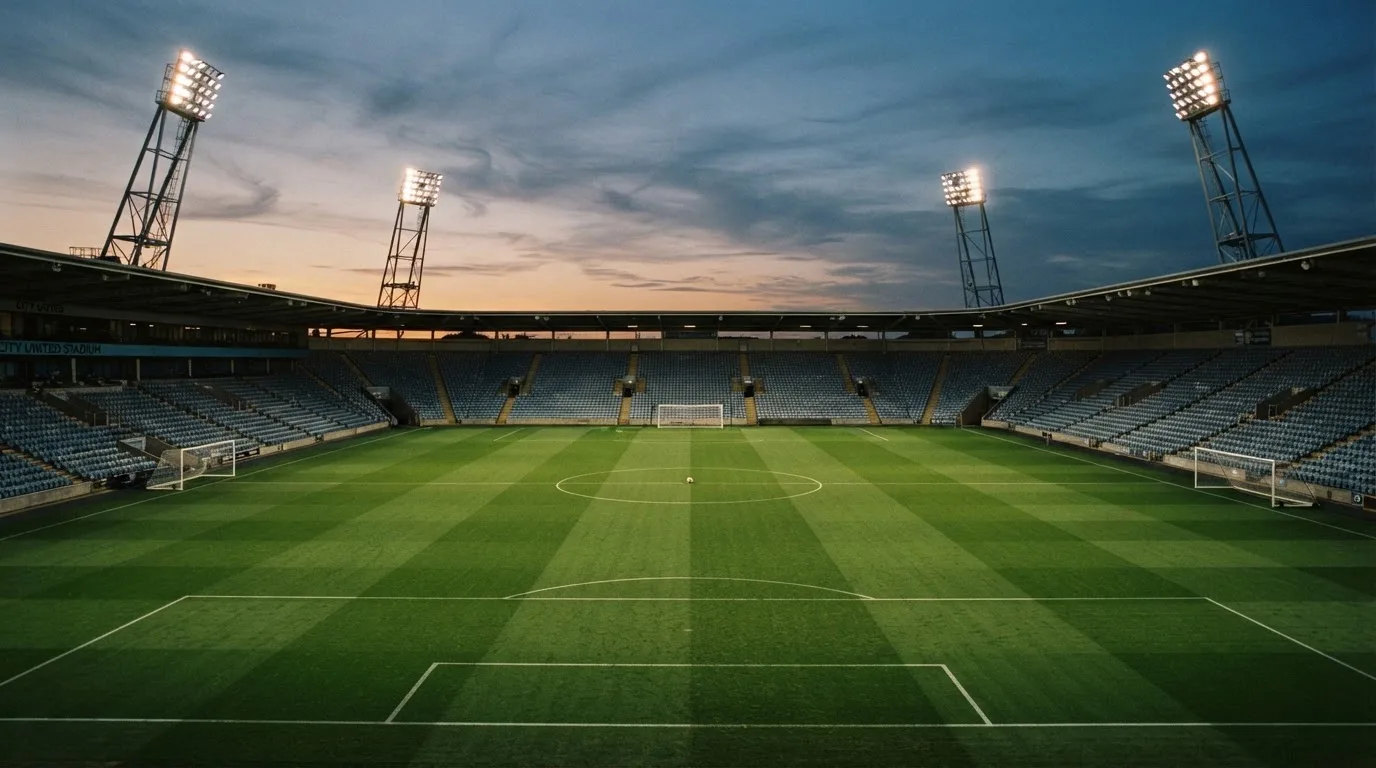 An empty football stadium with floodlight masts at dusk