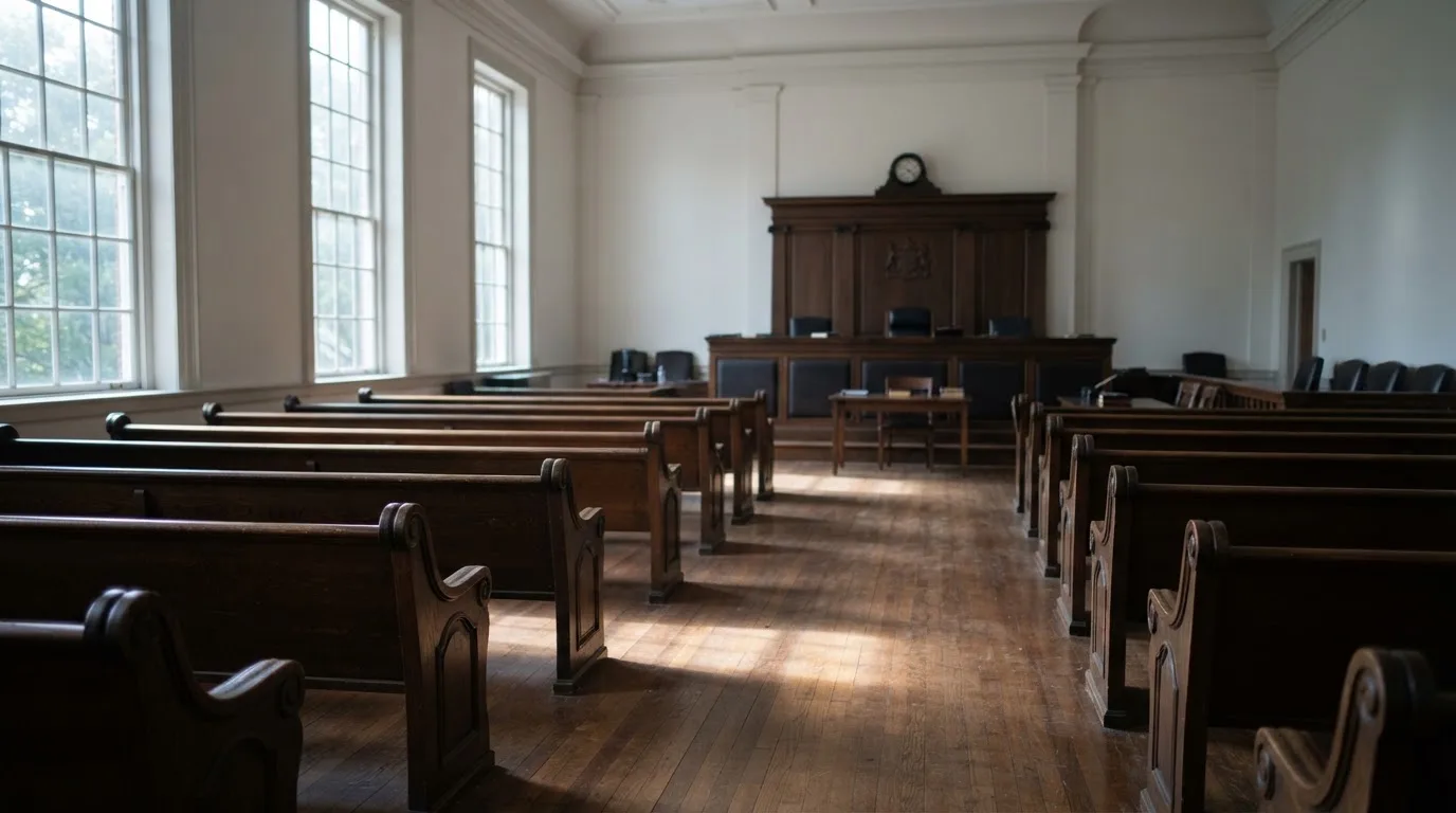 An empty courtroom with wooden benches in morning light